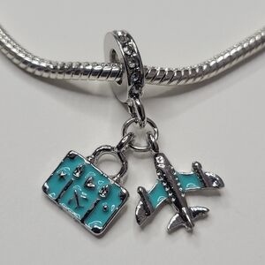 New! For Pandora Charm Bracelet Blue Silver Color Airplane Suitcase Dangle Charm